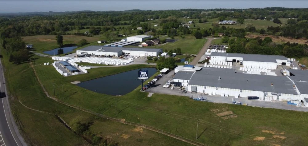 Aerial photograph of Dynasty Spas manufacturing facility from its brochure