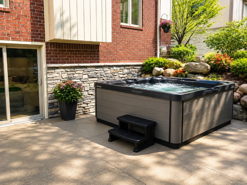 Installed hot tub on a backyard patio