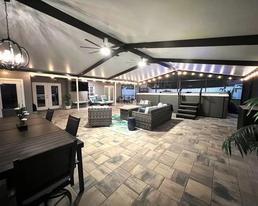 Backyard hot tub design preview on a tablet screen