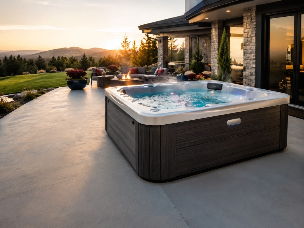 Hot tub on a patio at sunset with bubbling water and landscape views