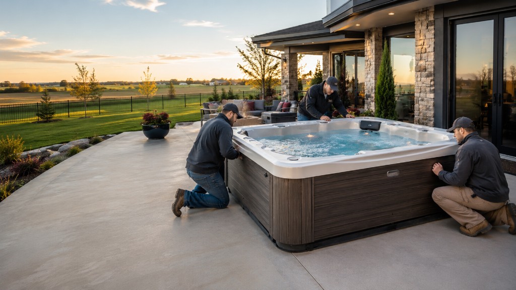 Paradise Spas installers setting up a hot tub on a backyard patio