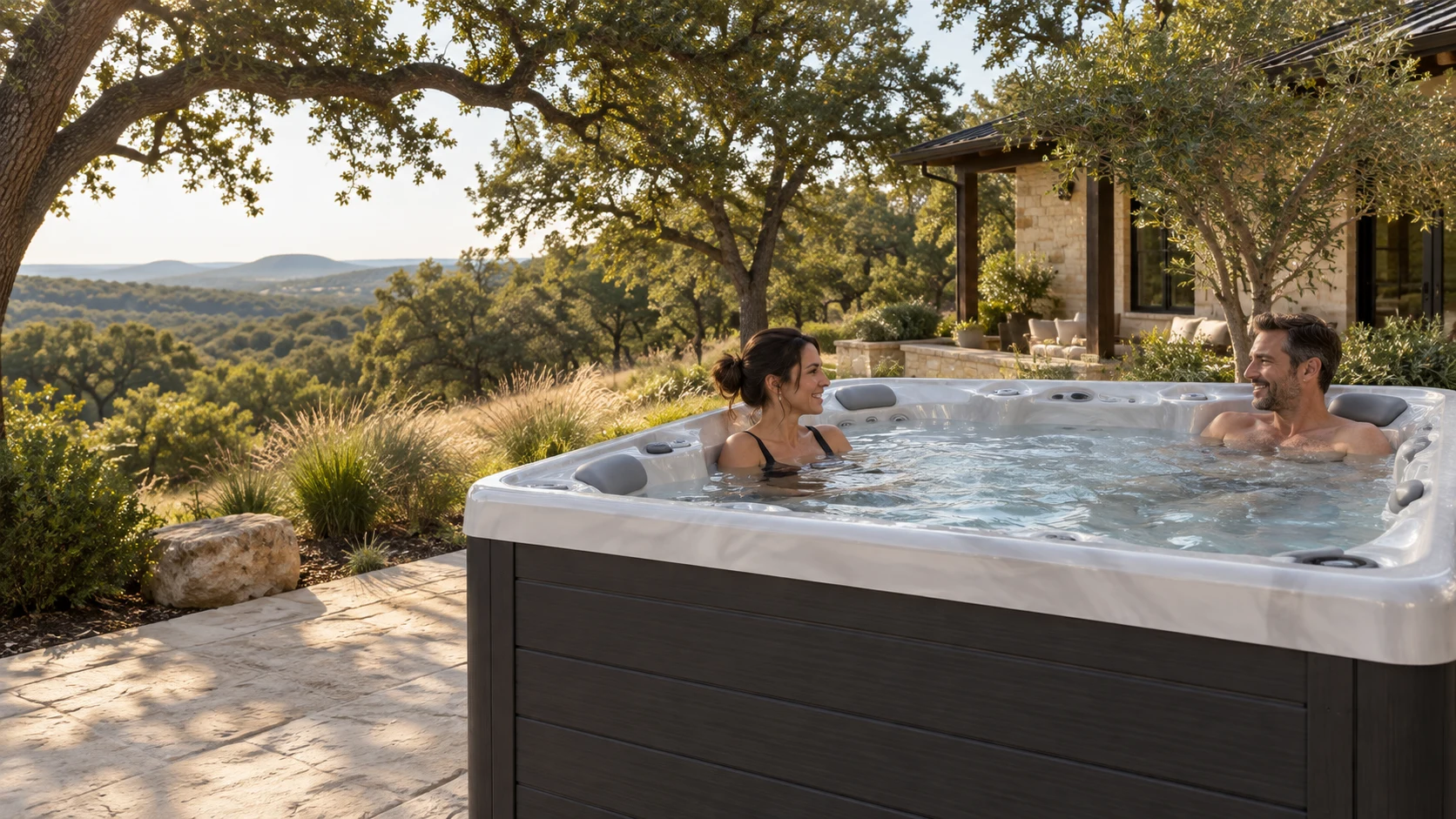 Illustrative backyard hot tub scene in a Texas landscape