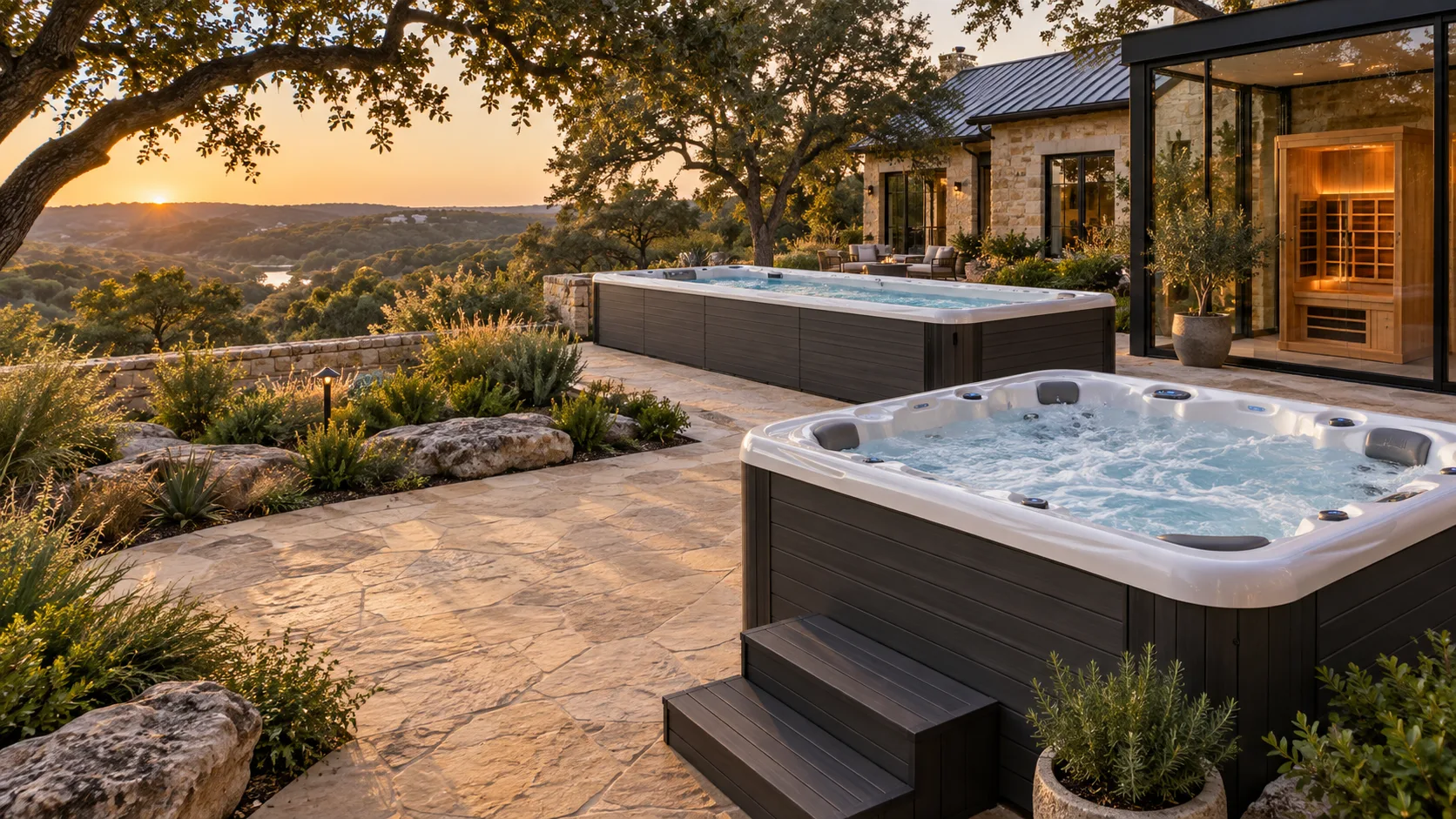 Illustrative Texas backyard with a hot tub, swim spa, and glass-enclosed sauna