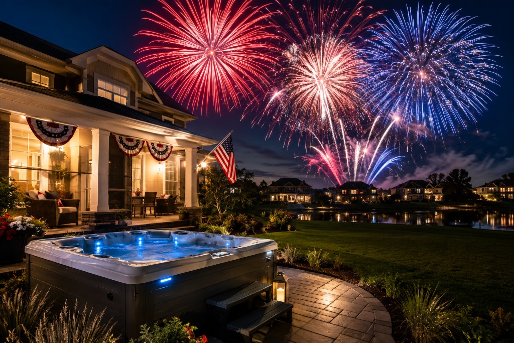 Illuminated hot tub on a Michigan backyard patio at night with fireworks over the lake