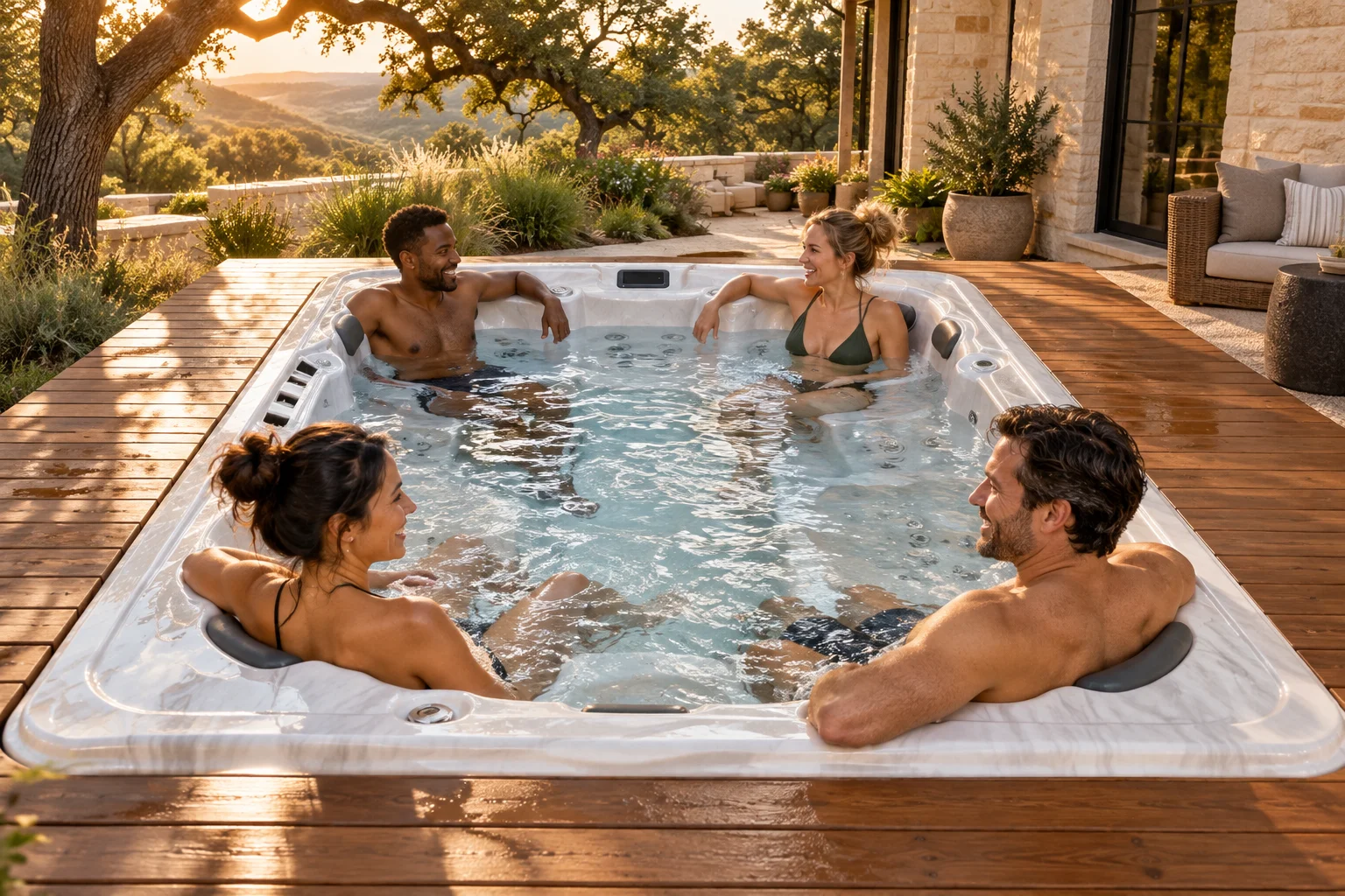 AI-generated lifestyle scene of four adults enjoying Spring in a Texas backyard